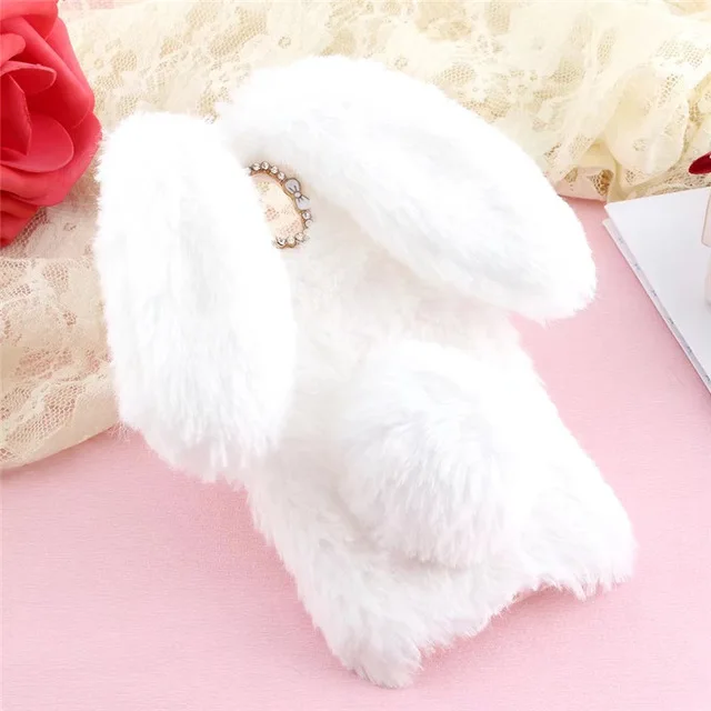 Для Sumsung галактики S10 S9 S8 плюс S7 S6 край Note8 Note9 Мягкий ТПУ 3D с милым кроликом; Etui волосатые Обувь на теплом меху кукла со стразами Плюшевые Чехлы - Цвет: White