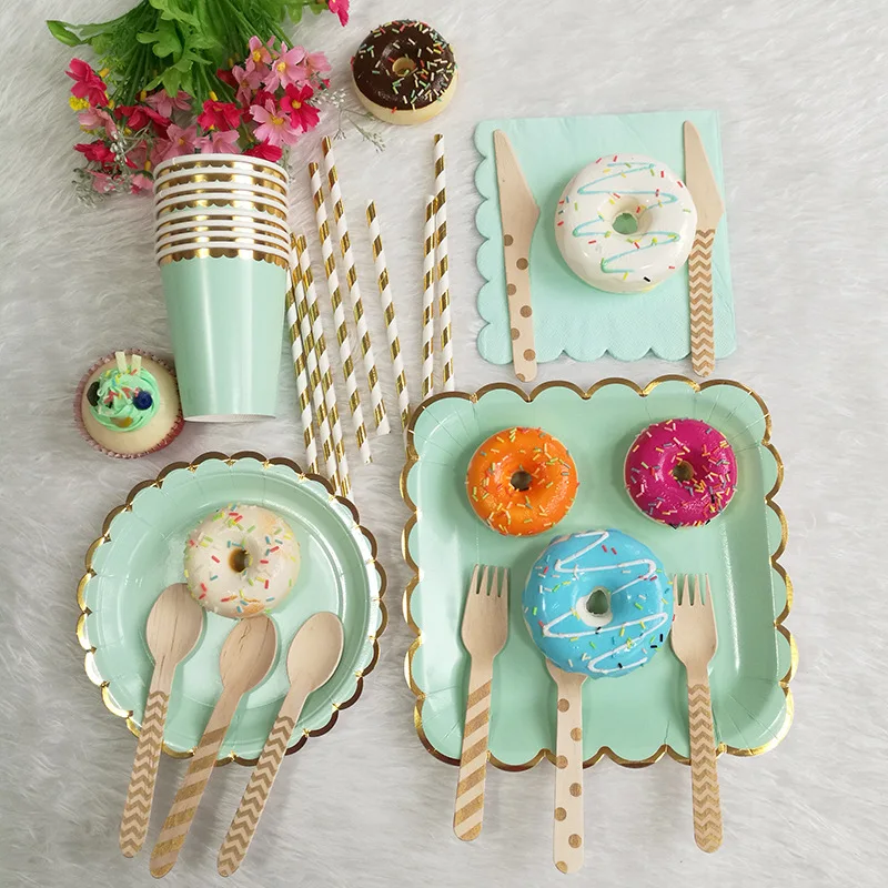 

Mint Green Disposable Tableware Sets Solid Dishes Paper Straws Plates Cups Napkins Event Party Birthday Wedding Decor Tableware