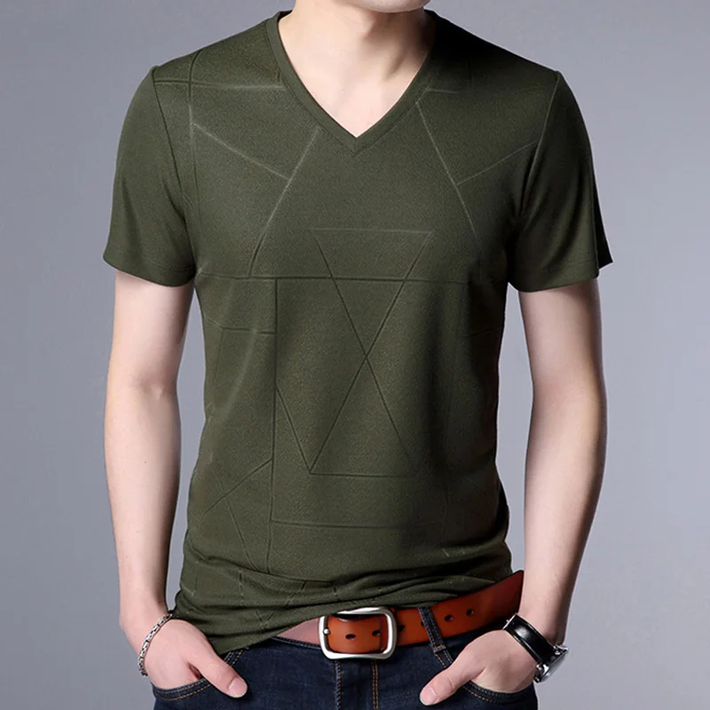 Liseaven мужские футболки Новое поступление футболка с v-образным вырезом и коротким рукавом летняя футболка мужская облегающая футболка - Цвет: Зеленый