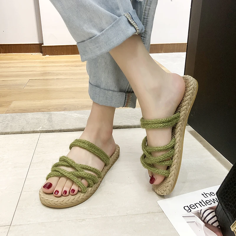 Korea Style Womens Square Toe Slip-On Flats Shoes Boho Beach Sandals Slippers Sz