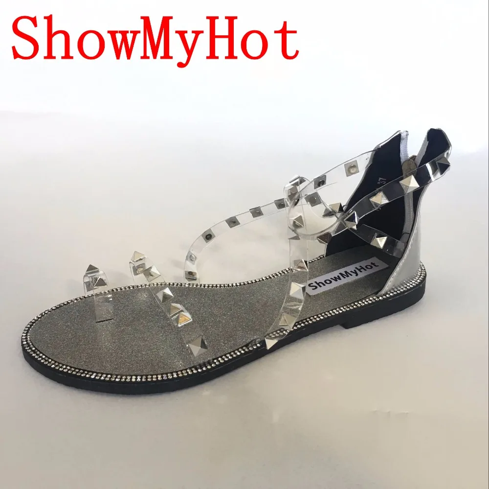 ShowMyHot/женские прозрачные сандалии из ПВХ на плоской подошве с заклепками | Обувь