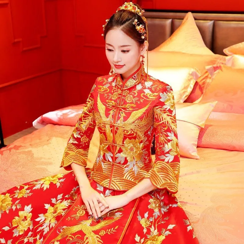 Вечернее платье Красный Традиционный китайский свадебное платье Qipao Лонг Cheongsam Для женщин вышивка Феникс Восточный Платья для вечеринок