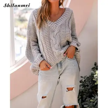 

Fashion Top Long Sleeve Knitted Pullovers 2019 New Autumn Winter Women Sweater V Neck Hollow Out Loose Causal Pull Femme Sweater
