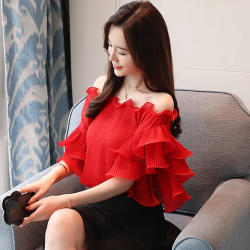 

Sweet Red Blouse Slash Neck Summer Shirts And Blouses Ruffles Chiffon Blusas Mujer De Moda 2019 Tops For Women