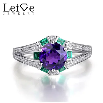 

Leige Jewelry Purple Natural Amethyst Ring 925 Sterling Silver Engagement Rings for Women Round Cut Prong Setting Gemstone