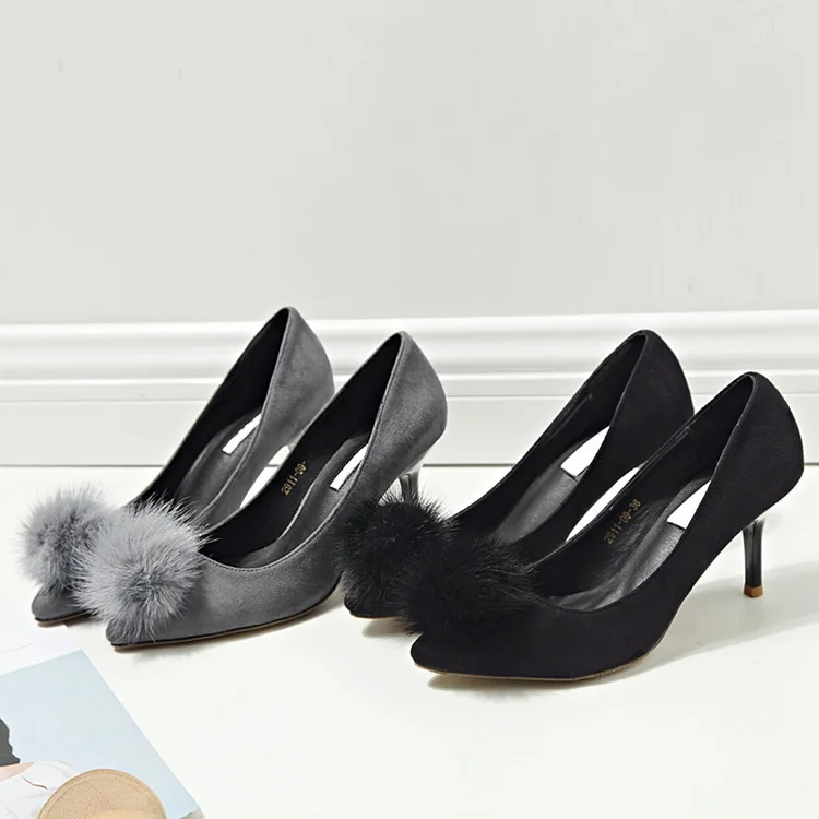 LALA IKAI Fur Pompon Decoration Women's Heels 2017 Fashion Flock 2017 Women's Pumps Wedding Shoes 040C0922-4 (4)