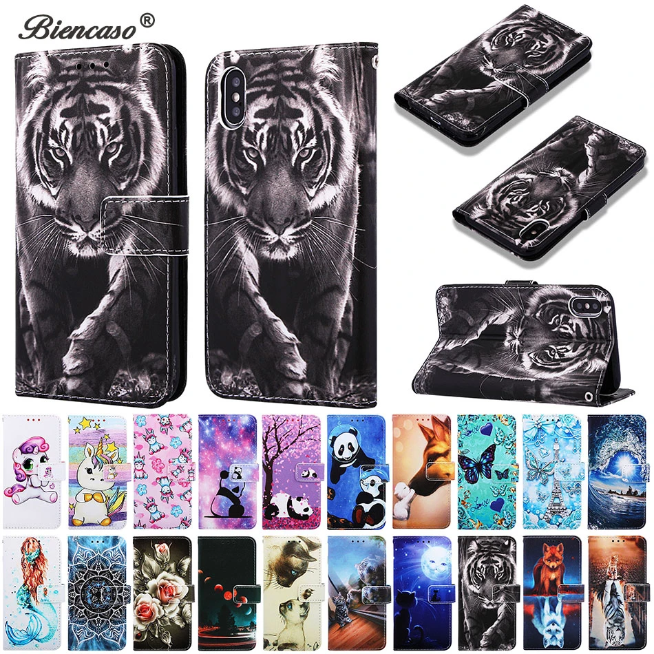 

sFor iPhone XS Max Caps Tiger Panda Pattern Wallet Flip Card Slot Case For iPhone XR X XS 6 6S 7 8 Plus 8Plus Back Cover Fundas