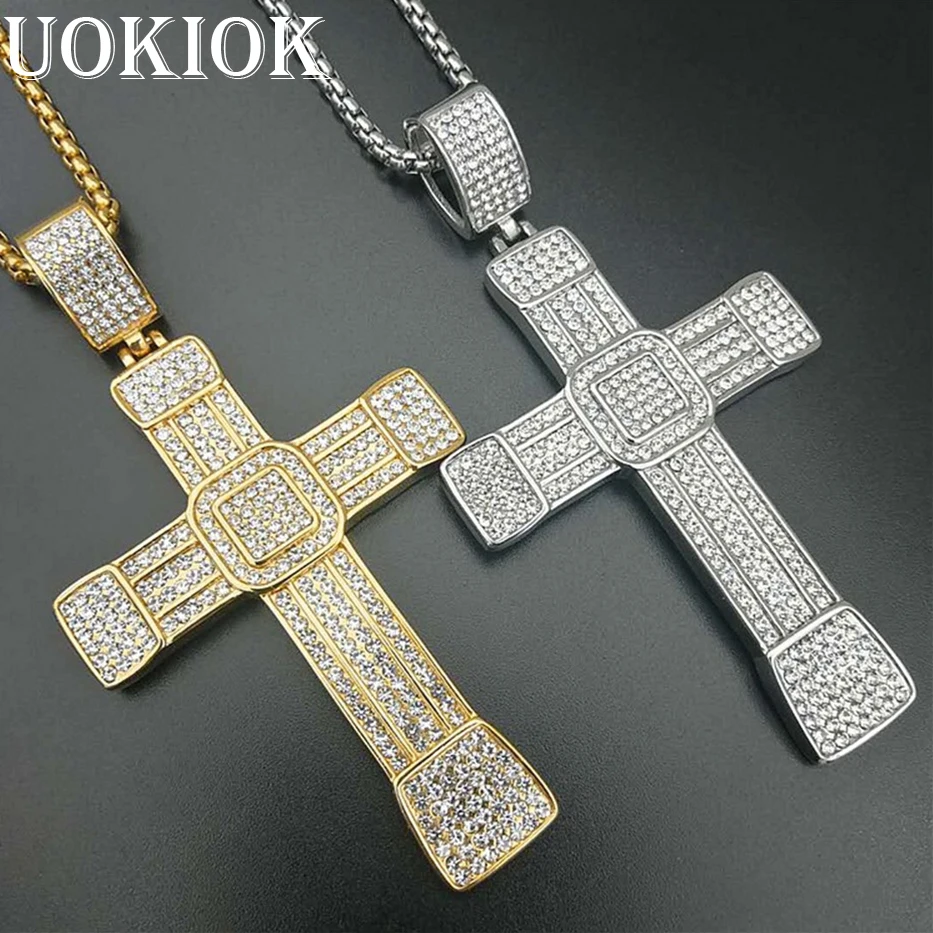 Hip Hop Iced Out Big Cross Pendant Necklace For Men Gold Color