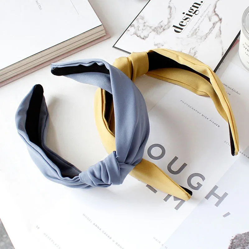 

High Quality 1PC Solid Color Vintage Style Wide Hairbands Top Knot Turban Knotted Headband HeadWrap Hair Accessories for Women
