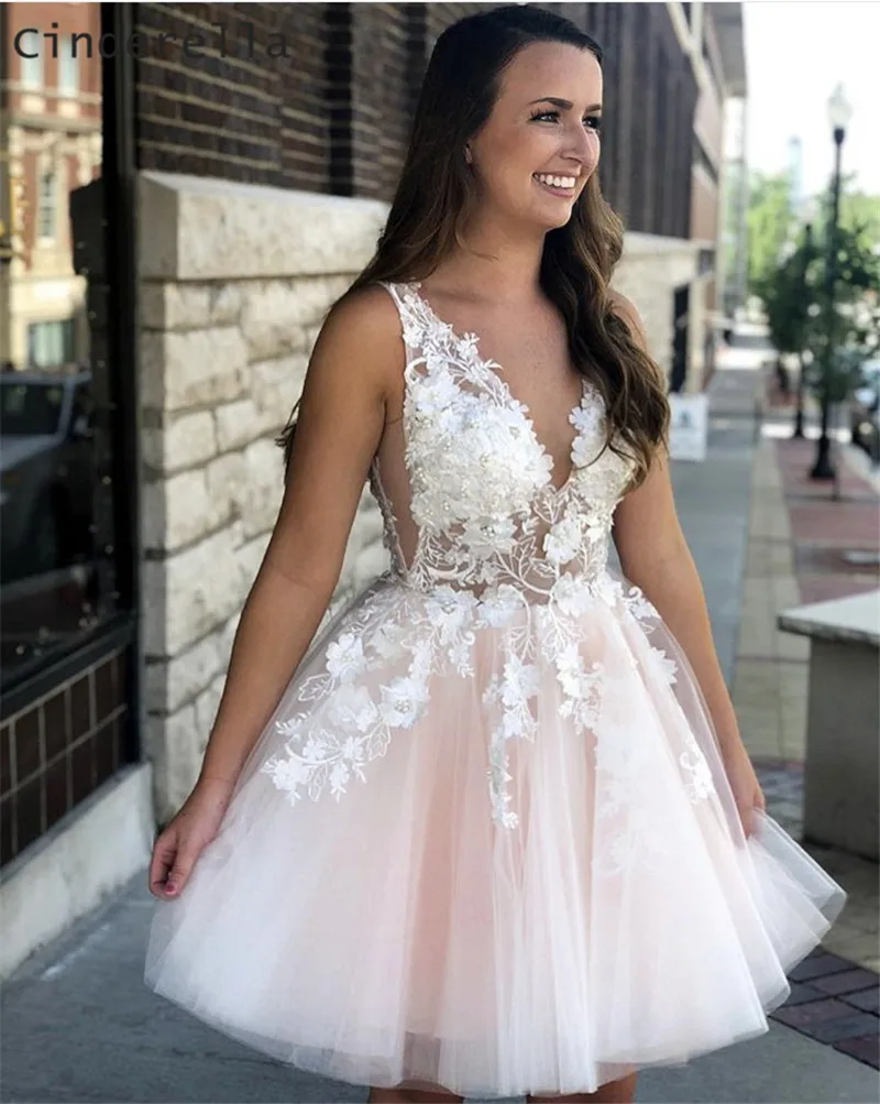 

Cinderella Pink V-Neck Sleeveless Hand Made Flower Lace A-Line Short Mini Homecoming Dresses vestidos de fiesta de noche