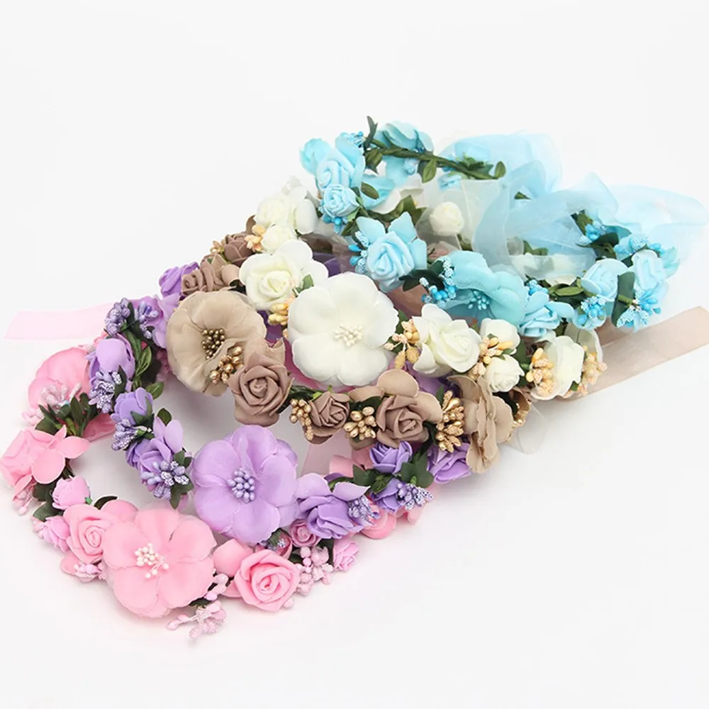 

2pcs/set Women Wedding Rose Flower Wreath headband and wrist Kids Party flower crown and Bracelet with Ribbon Adjustable garland