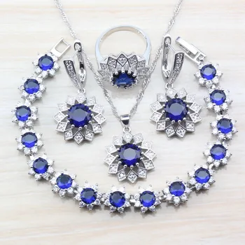 

Round Flower 925-Mark Silver Color Blue Zircon Jewelry Sets For Women Wedding Bridal Fashion Accessories Ring Size 6/7/8/9/10