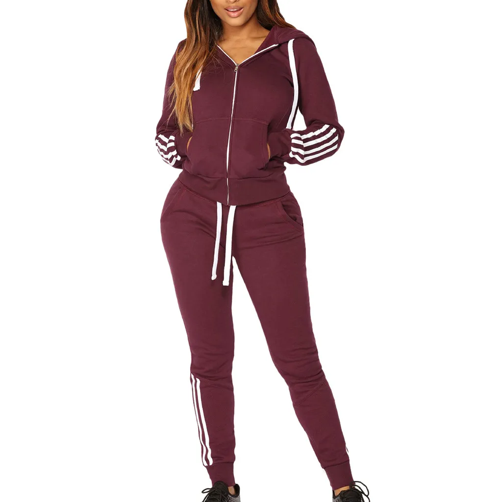 

2 Piece Set Women Casual Stripe Zipper Long Sleeve Pullove Sport Tops+Long Pants Set Tracksuit Women Conjuntos De Mujer Womens