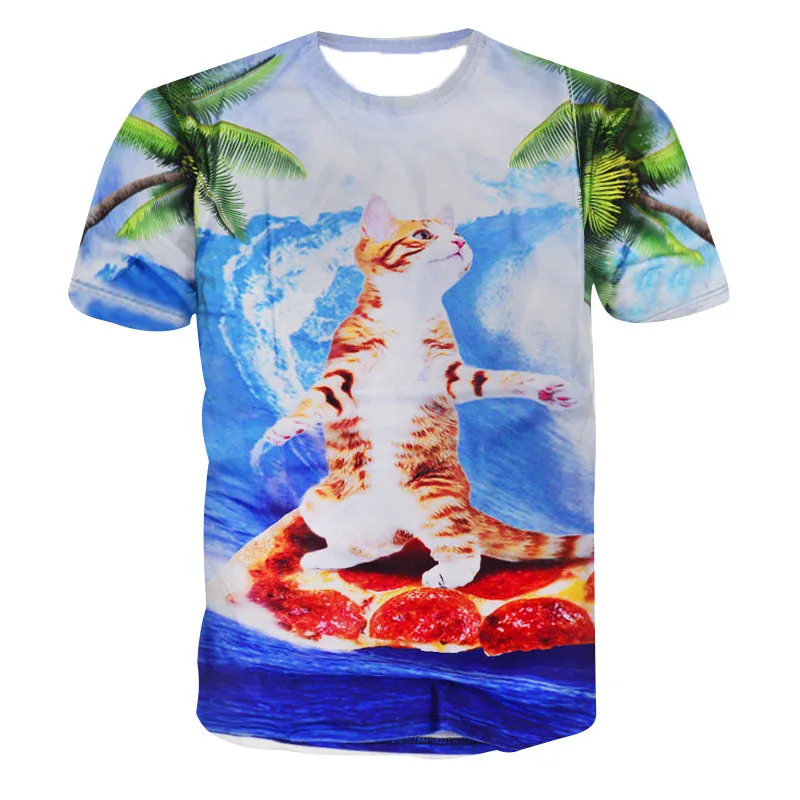 2017 Повседневная Пицца Кошка хип-хоп мужской концерт рубашка О-образным вырезом Футболка 3D принтом женские/мужские пуловер с рисунком Лето