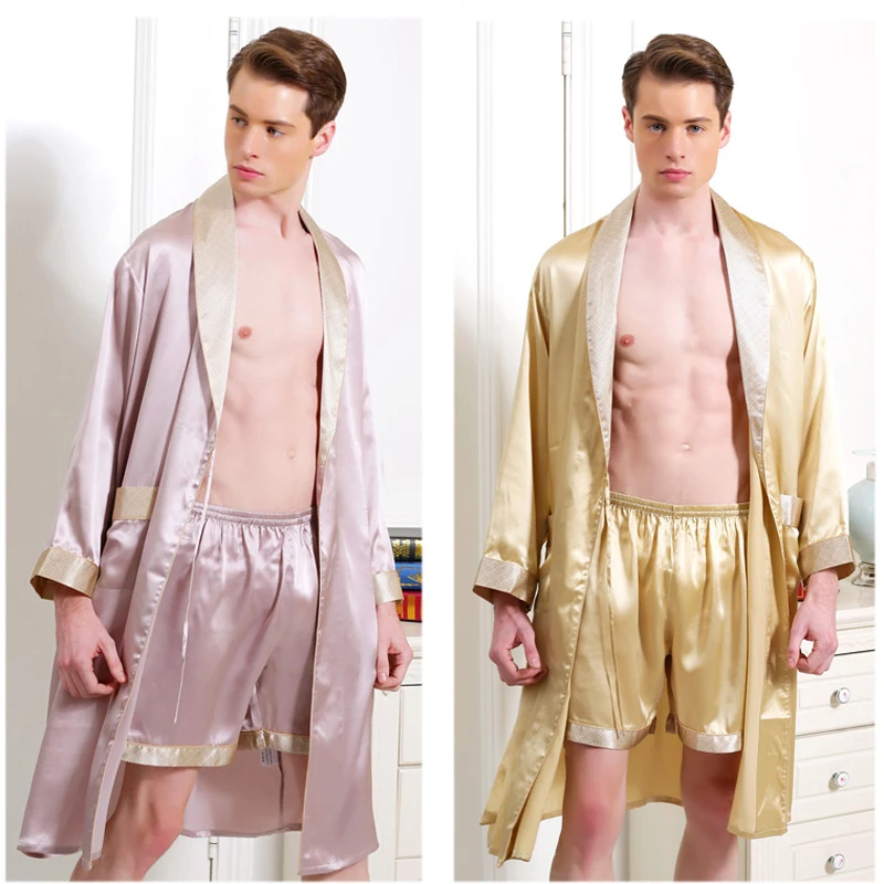 Male Brand Silk Sleepwear Robe Set Long Sleeve Shorts Men Pyjamas Robe