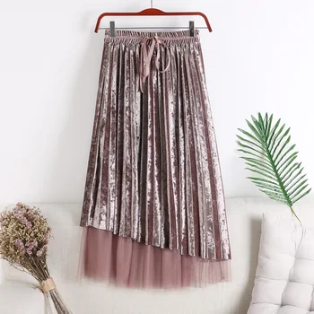 

2019 spring new Gold velvet high waist pleated splicing mesh net patchwork large pendulum long skirt