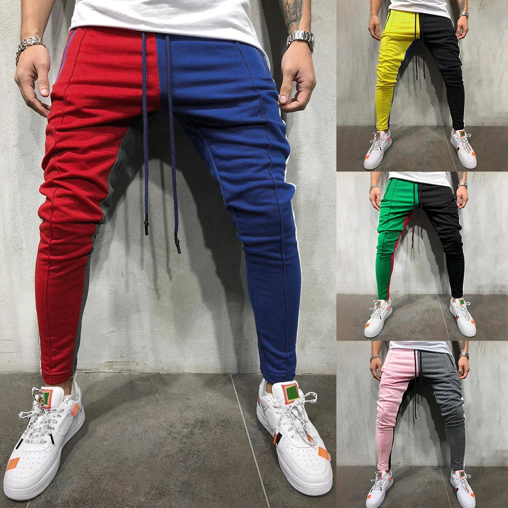

2019 New Fashion men's casual elastic bandwidth loose stitching color sports pants trousers jogging pants nine pants 3.22