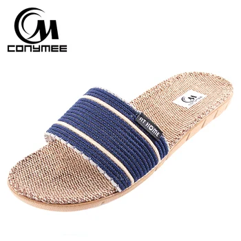 

Summer 2018 Mens Flax Shoes Breathable Beach Slippers Sandals Linen Casual Sneakers For Home Indoor Flip Flops Big Size