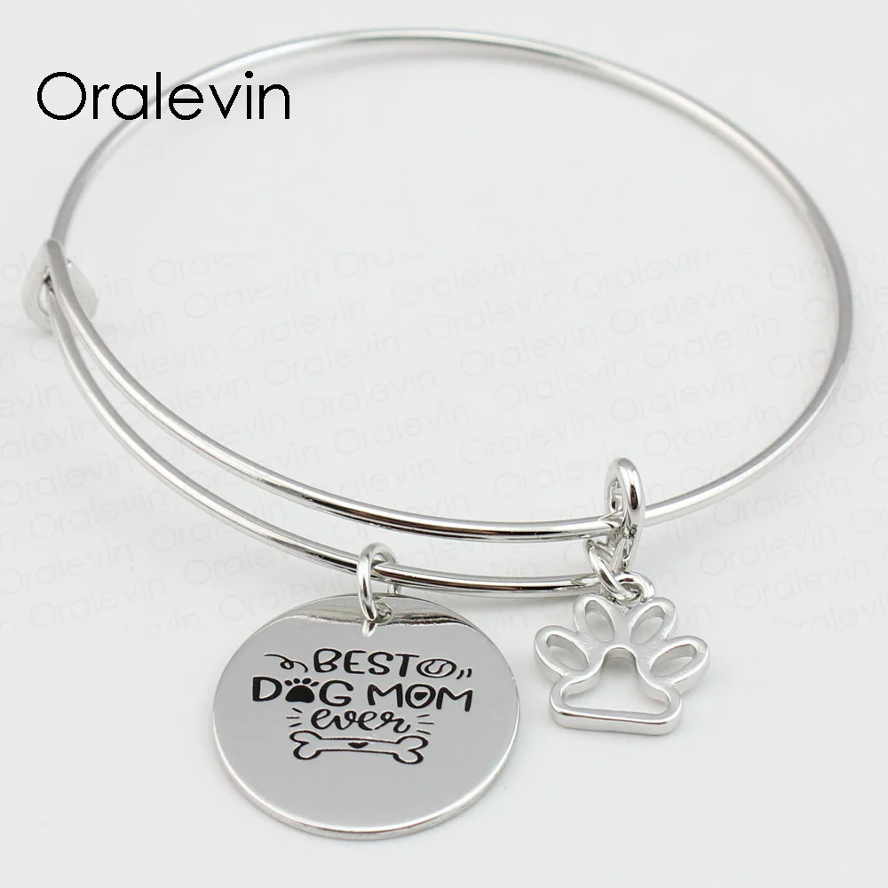 

BEST DOG MOM EVER Inspirational Engraved Pendant Charm Expandable Bracelet Bangle Gift Metal Stamped Jewelry 10Pcs/Lot, #LN462B