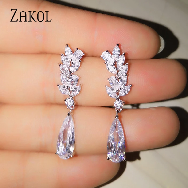 ZAKOL Sliver Color Flower Shape Zircon Water Drop Crystal Pendant Drop Earrings For Women Bridal Wedding Jewelry FSEP50L