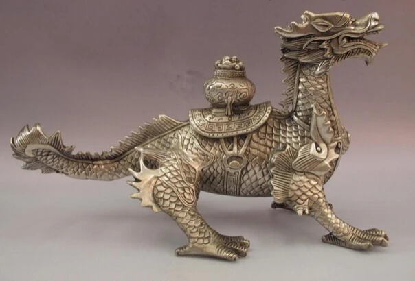 

USPS to USA S0993 Chinese White Copper Silver Feng shui Lucky Beast Treasure bowl Dragon Statue B0401
