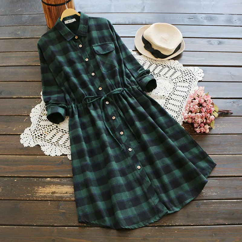 Women S Casual Loose Spring Turn Down Collar Tie Waist Green Black Plaid Cute Dress Vintage