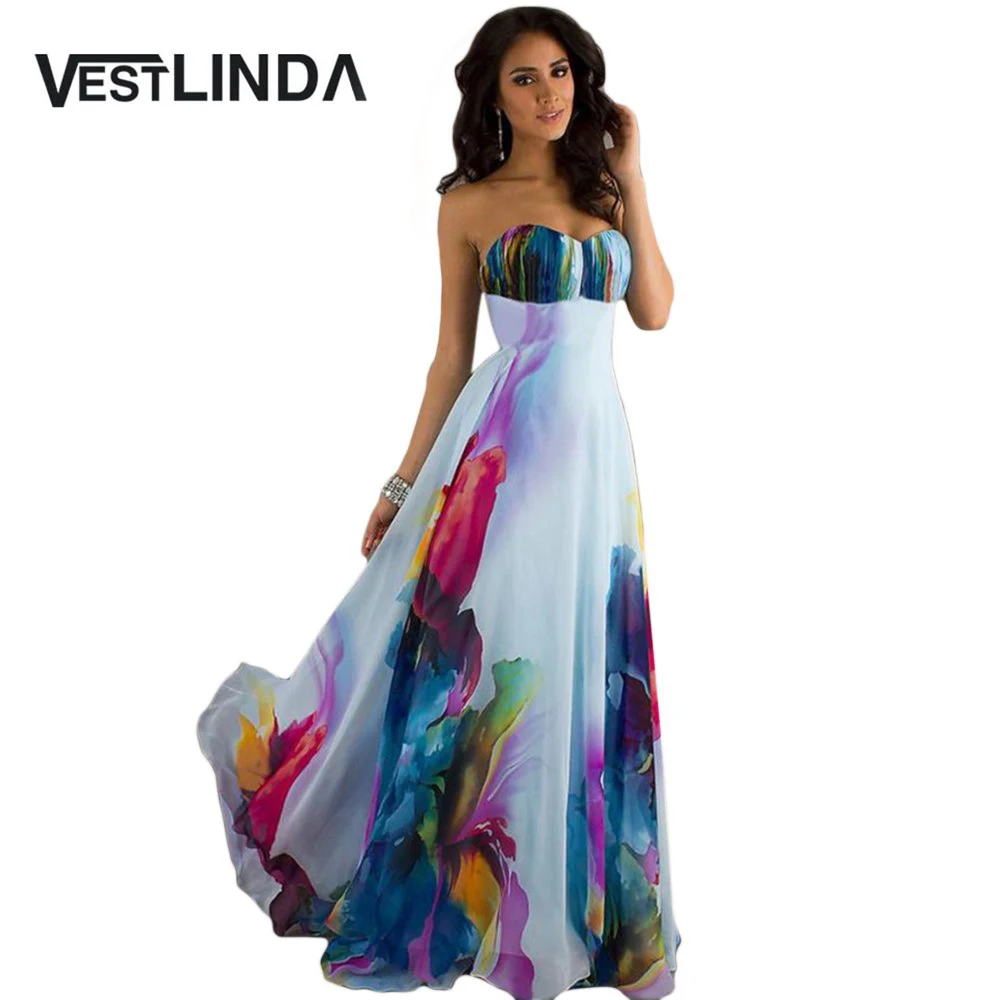 VESTLINDA Sweet Boho Dresses Strapless Backless Printed Zippered Tunic A Line Beach Long Maxi Dress Women