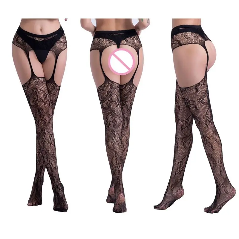 

Womens Plus Size Sexy High Waist Fishnet Tights Suspender Pantyhose Hollow Out Open Crotch Floral Jacquard Mesh Sheer Lingerie G