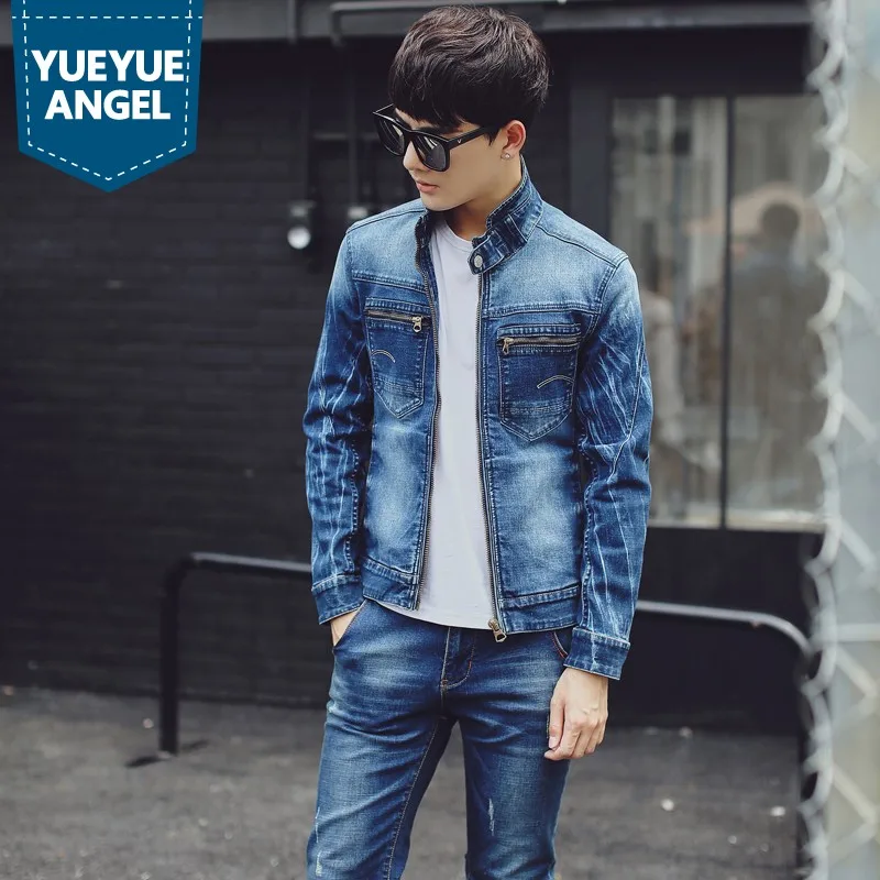 

2019 Spring Autumn Men 2 Piece Set Long Sleeve Vintage Slim Biker Cowboy Jacket Men Short Denim Coat Zip Jeans Denim Overalls