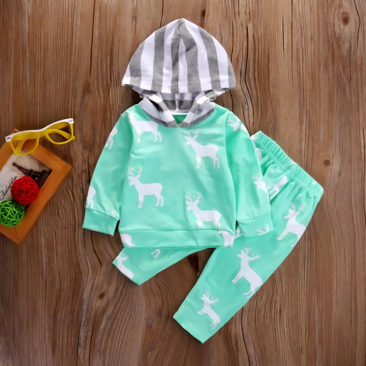 Newborn Baby Boys Girls Deer Hooded Tops Coat Pants Casual Cotton Green