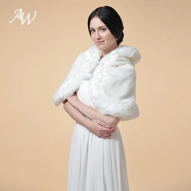 Disc AW Ivory Wedding Wrap Faux Fur Bridal Shawl Cloak Cape Jacket Bolero Formal Evening Party Jacket with Hat Size S-M