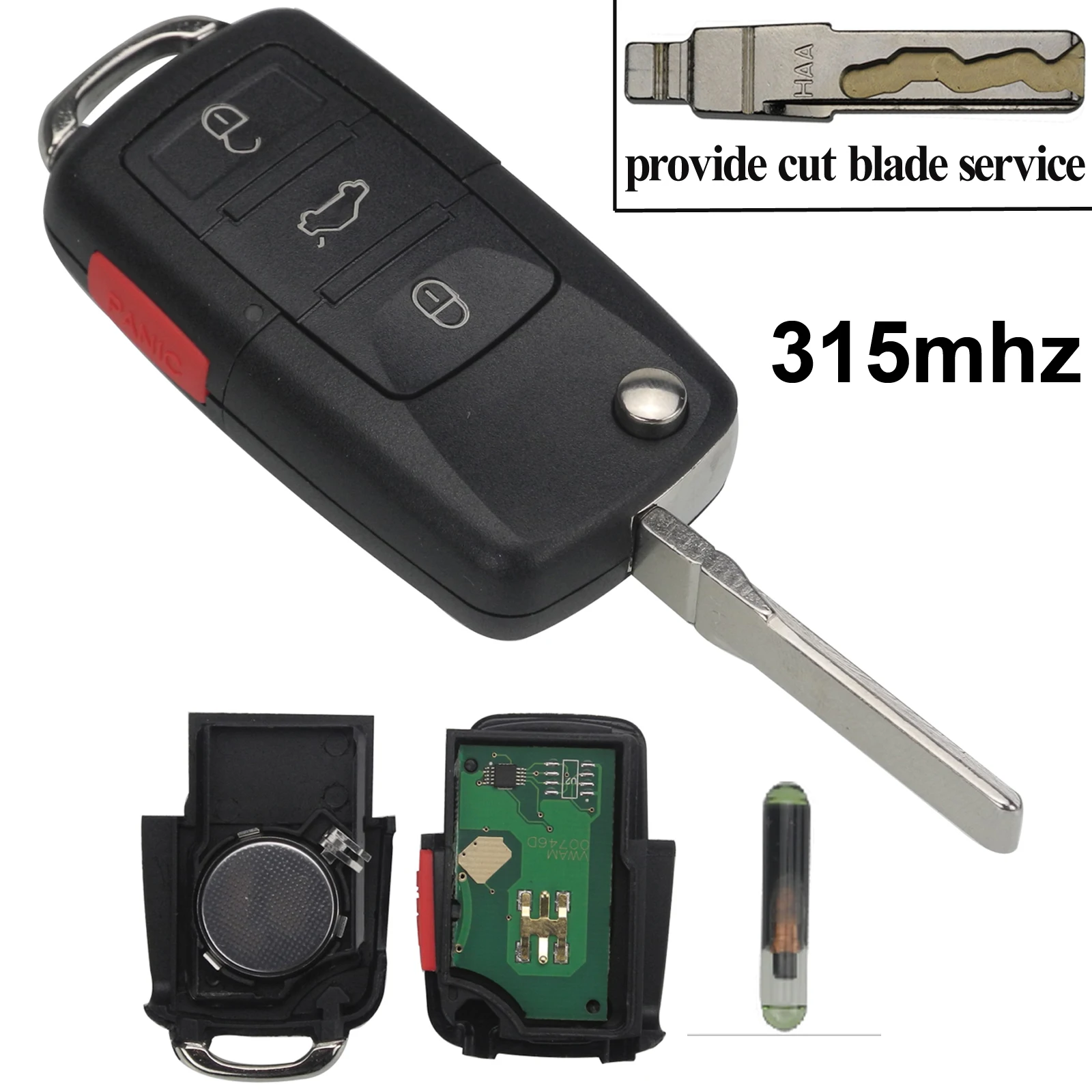 

Jingyuqin Cut Blade 4 Buttons Flip Remote Car Key Switchblade HL01J0959753AM 753DC 315Mhz ID48 for VOLKSWAGEN VW Touareg Key Fob