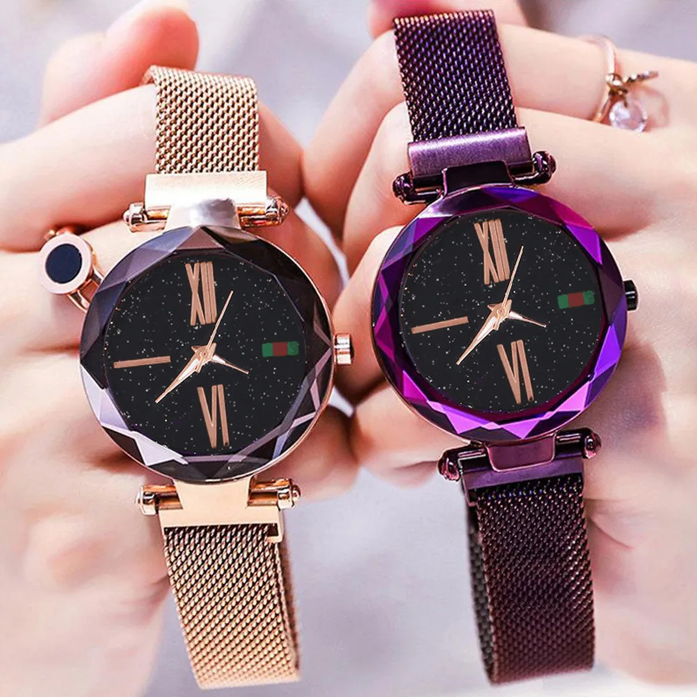 

Women Mesh Magnet Buckle Starry Sky Watch Luxury Fashion Ladies Geometric Surface Roman Numeral Quartz Watch Relogio Feminino