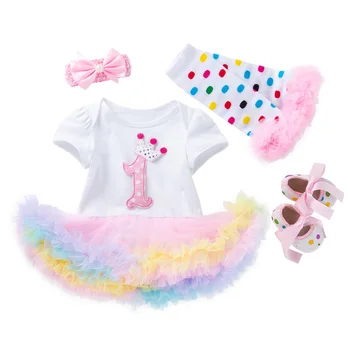 

Summer Baby Girl Clothes Short sleeve Romper Pink Dress Leg warmers Headband Shoes 4PCS Newborn Tutu Sets Infant Party Clothing