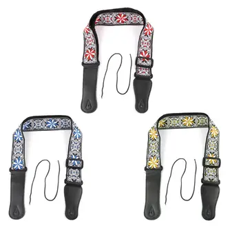 

Vintage Flowers Stripes Acoustic Electric Guitar Strap Woven Embroidery Fabrics Leather Ends Strap