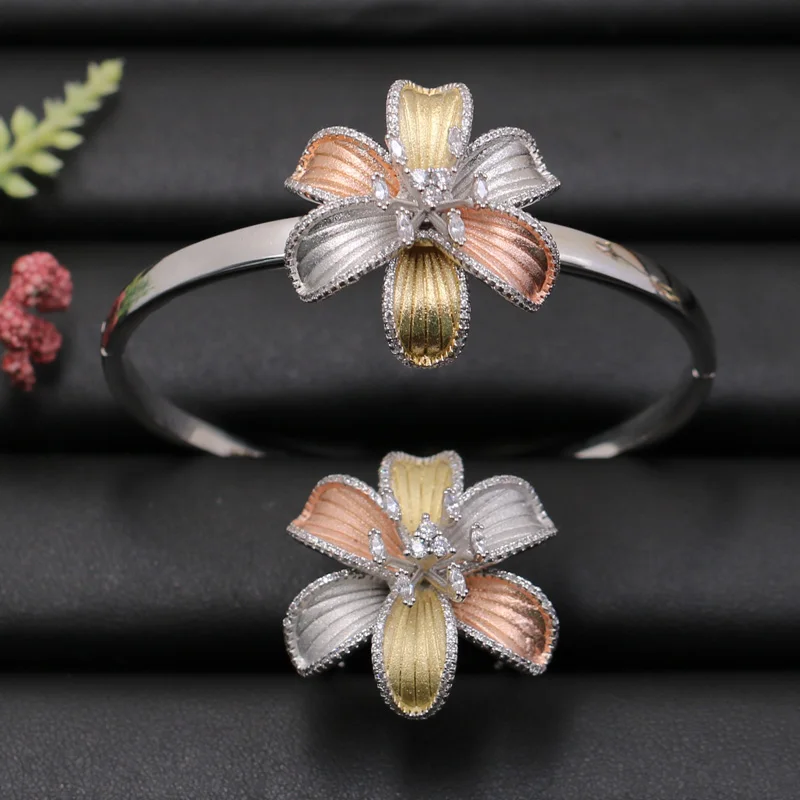 Lanyika Jewelry Set Dubai Blooming Flowers Bangle with Ring for Girl Banquet Wedding Cubic Zirconia Popular Luxury Best Gifts | Украшения и