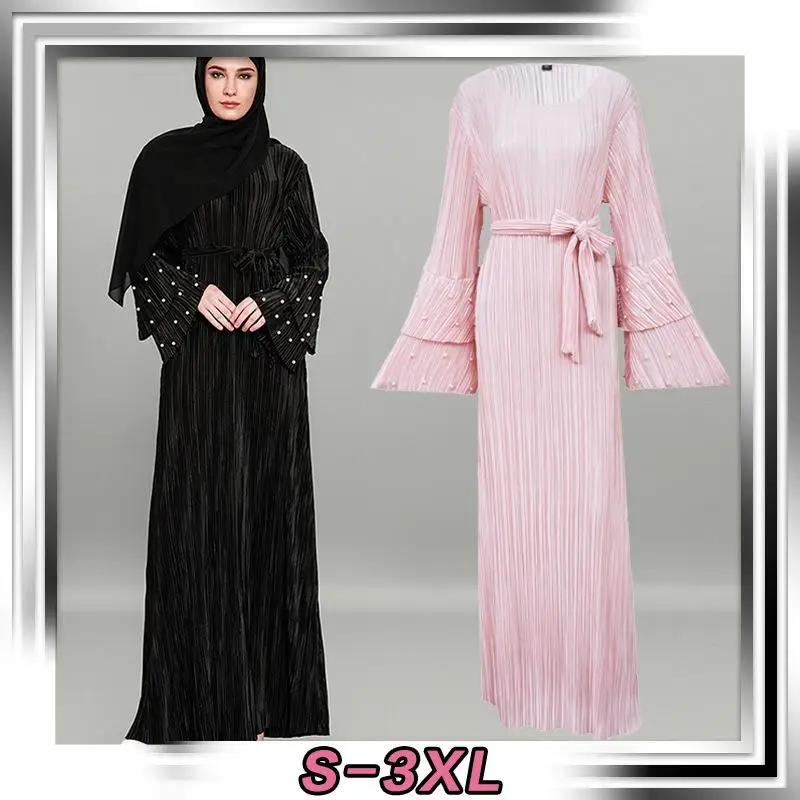 Большие размеры Vestidos Kaftan abaya Дубай Бангладеш Плиссированное Макси мусульманское платье хиджаб для женщин Катара jilбаб Турецкая мусульманская одежда Новинка