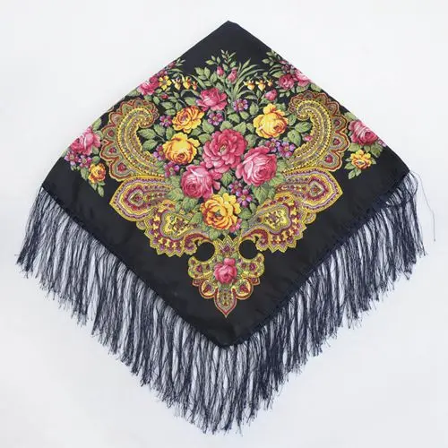 Women Tassel Square Scarf Shawl Lady Printed Floral Short Tassel Headband Retro Cape Wrap Scarves 90*90cm - Цвет: ASH11