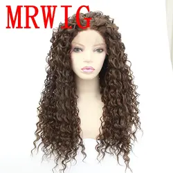 MRWIG длинные кудрявый вьющиеся синтетические спереди кружево парик средний часть 26in коричневый цвет волос для афроамериканских женщина