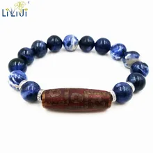 LiiJi уникальный природный камень Синий Содалит 12 мм и Агаты тибетские бусины дзи Шарм Модный браслет для мужчин около 21 см/8,25 дюймов