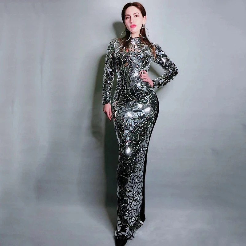 

Bright Full Mirrors Long Dress Women Singer Evening Birthday Dress Rhinestone Costume Prom Celebrate Bling Stage Dresses DJ527