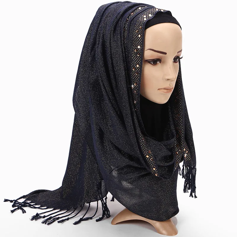 2018 Популярные Роскошные шарфы для дамы шарфы детонации Голд шелк дрель шарф крышка Для женщин мусульманских кисточкой Глава Хиджаб