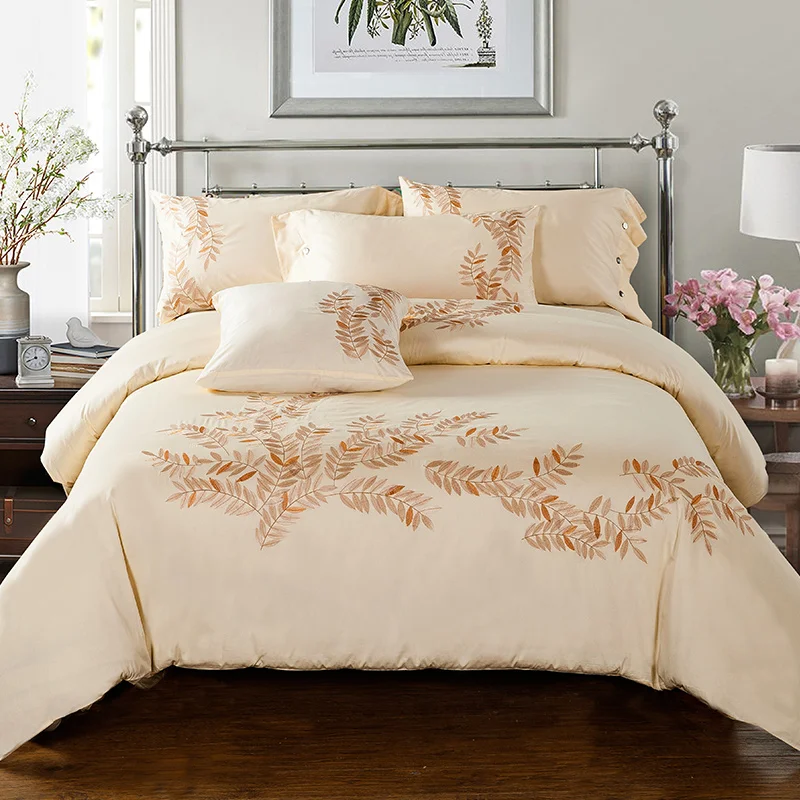 2017 Tribute Silk Cotton 400T Embroidery beige Bedding set button