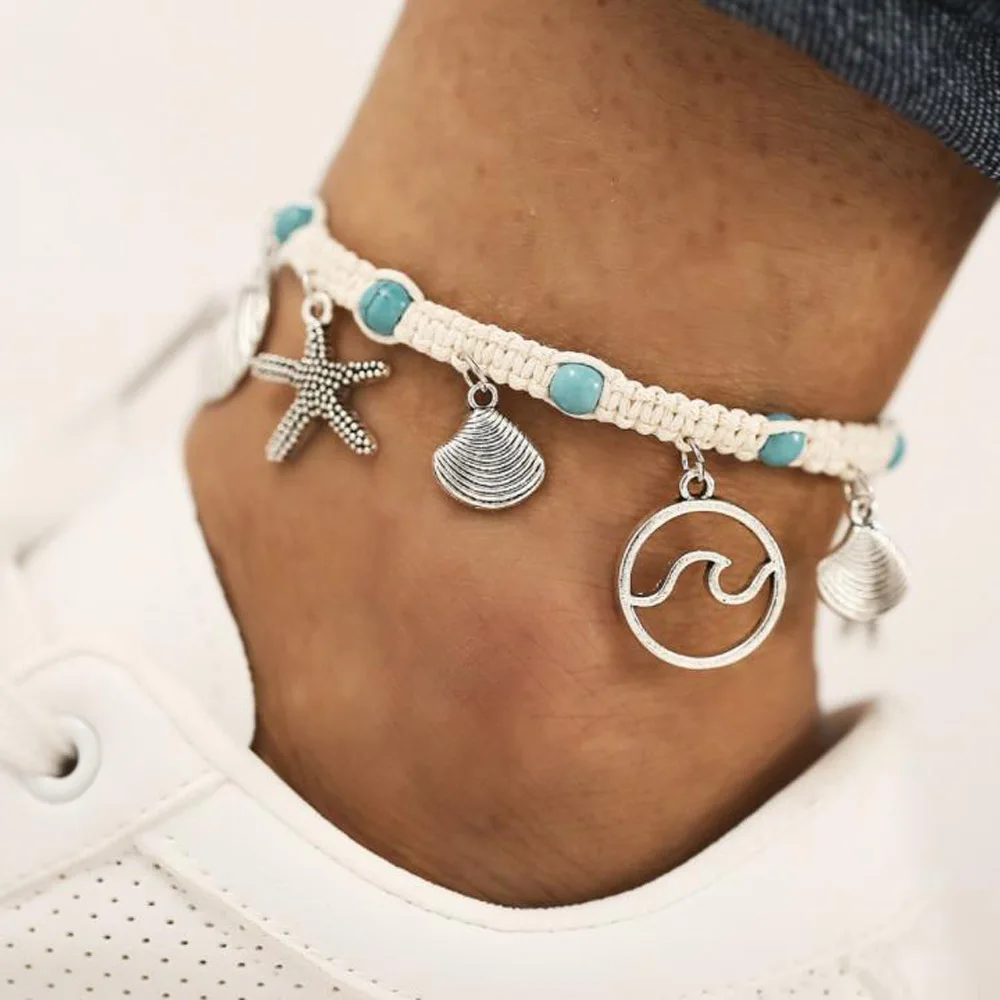 

Bohemian Wave Anklets Set For Women Vintage Handmade Starfish Stone Anklet Bracelet on Leg Beach Ocean Jewelry Gifts