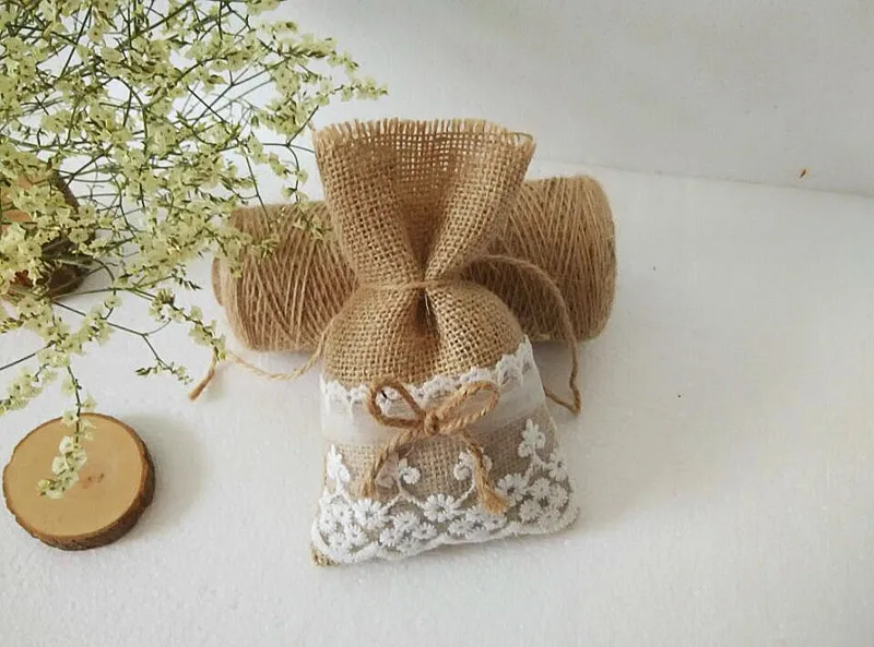 50 toile de jute Dentelle Sacs Cadeau avec ficelle 10x16 см mariage украшения в подарок мешочек