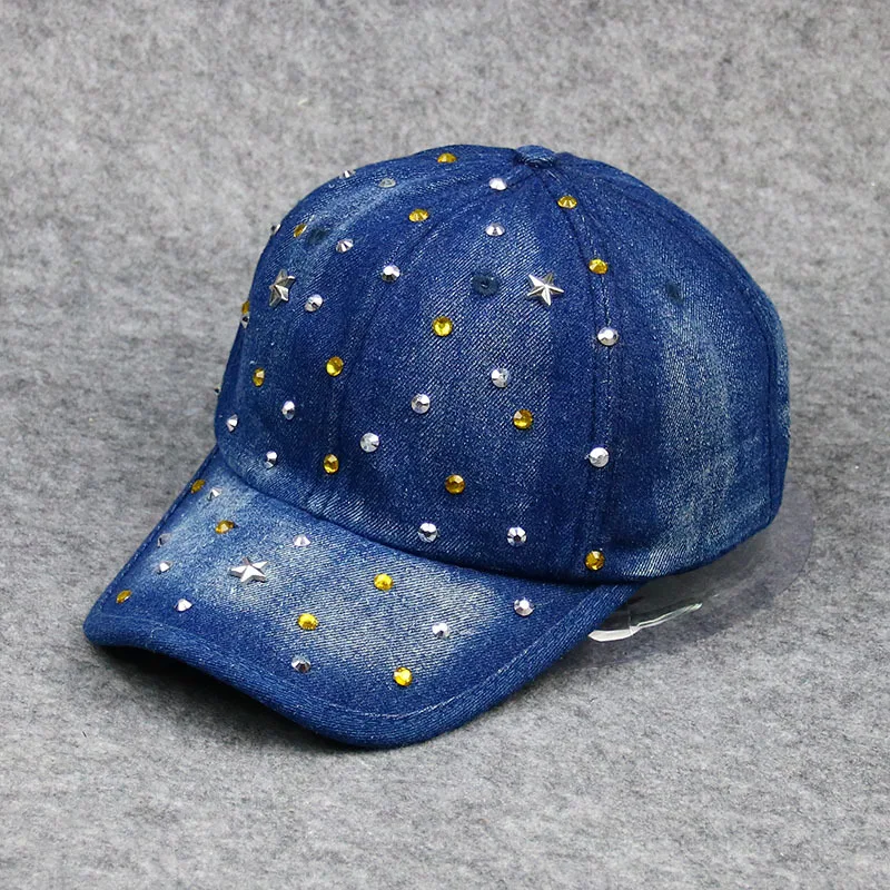 

Women‘s Jean Baseball cap Fashion Gold Silver Pearls Snapback Bone Baseball Hat for Femme Casquette Dark Blue Cap