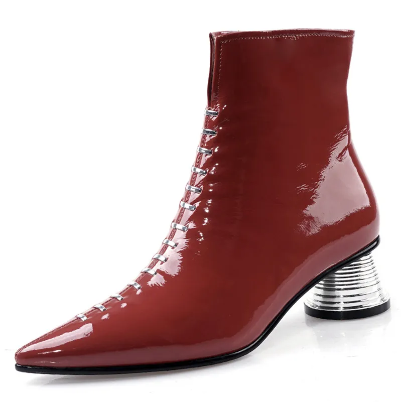 FEDONAS/Новинка; зимние женские ботильоны из лакированной кожи в стиле панк; короткие ботинки с острым носком на молнии на странном каблуке; женская обувь для ночного клуба - Цвет: zhuanhongse