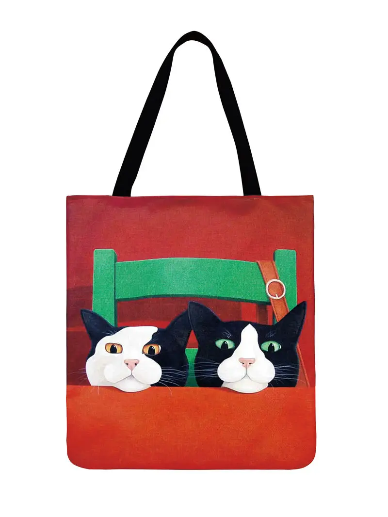 Милая Повседневная Сумка-тоут с рисунком кота, льняная пляжная сумка, мультяшная Сумка-тоут с рисунком мяу для женщин, многоразовая сумка для покупок