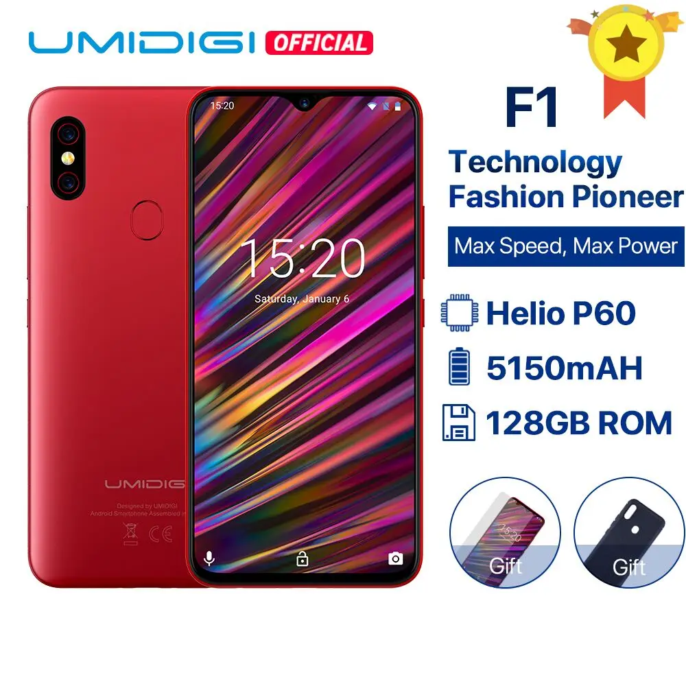 UMIDIGI F1 Android 9,0 6,3 "FHD + 128 GB Встроенная память 4 Гб Оперативная память Helio P60 5150 mAh большой Батарея 18 W быстрой зарядки смартфона 16MP + 8MP В наличии