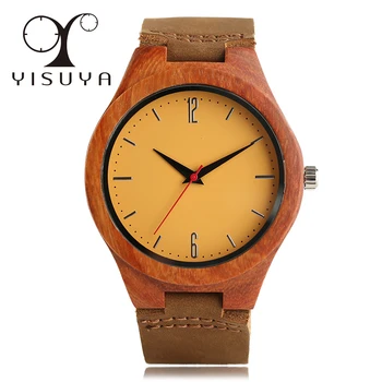

YISUYA Minimalist Fashion Men Modern Nature Red Sandalwood Genuine Leather Strap Wrist Watch Wooden Casual Gift